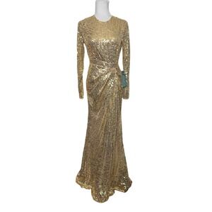 Mac Duggal Dress Gold Sequin Gown Long Sleeve‎ Gathered Waist Size 4